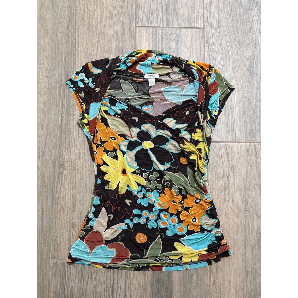 Y2K Cache Vintage Floral Draped Crowl Neckline Short Sleeve Size Large